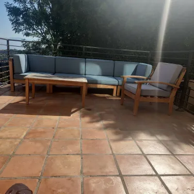 8-Piece Patio Set- Polyester- Normal Weather Damage on Wood- Some stairs to access 
