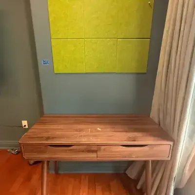 Mid-Century Modern-Inspired Veneer Wood Desk and Green Pegboard
