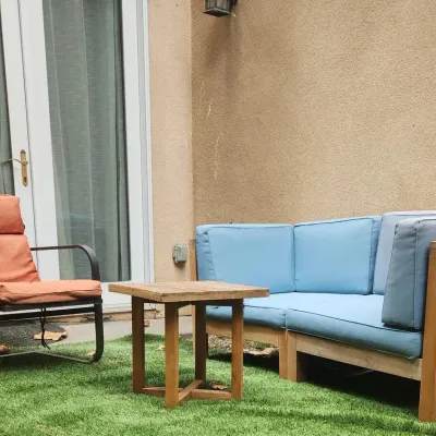 Wood Patio Loveseat and Table with Optional Orange Metal Chair