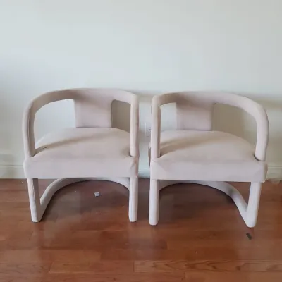 Upholstery-Barrel Back Armchairs- Off White/Pale Pink-Pair- Mid Century Modern Inspired- Comfortable