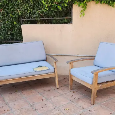 2-Piece Wood Patio Set with Blue Cushions | Matching Loveseat and Chair 