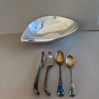 MCM Nambe Teardrop Bowl and Dansk Flatware, 4 Pieces
