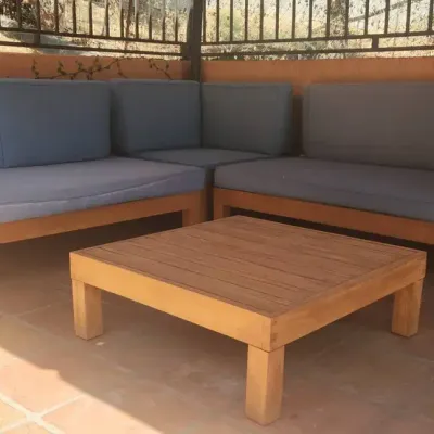 4-Piece Patio Set Wood with Blue Cushions: Coffee Table and 2 Chairs 