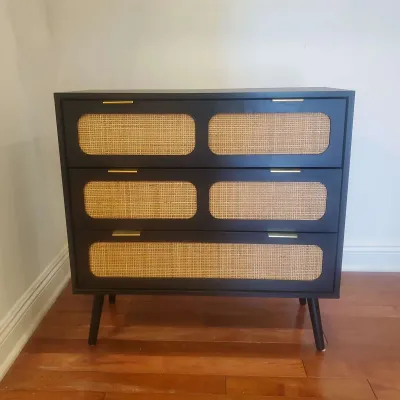 Modern 3 Drawer Accent Dresser with Natural woven rattan inserts 