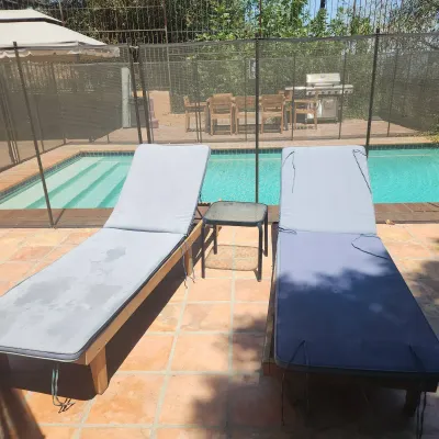Wood Loungers (2) with Blue Cushions & Metal and Glass Table (1)