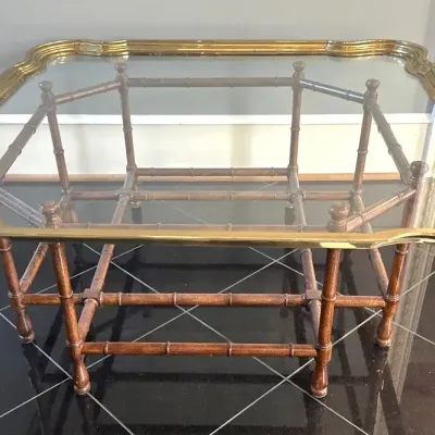 Baker Furniture Coffee Table, Glass, Brass And Faux Bamboo 