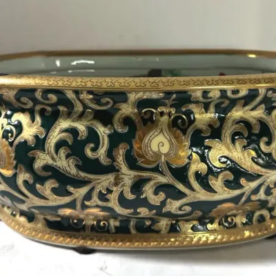 Antique Style Green/Gold Oval Baby Bath/Planter/Footbath With Intricate Foliage Scrollwork