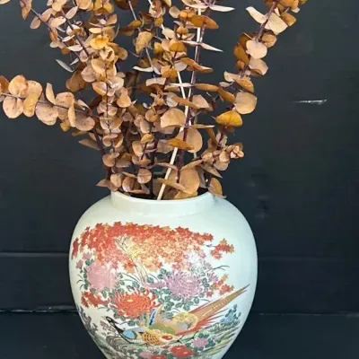 Vintage Japanese Satsuma Style Ginger Jar With Dried Eucalyptus