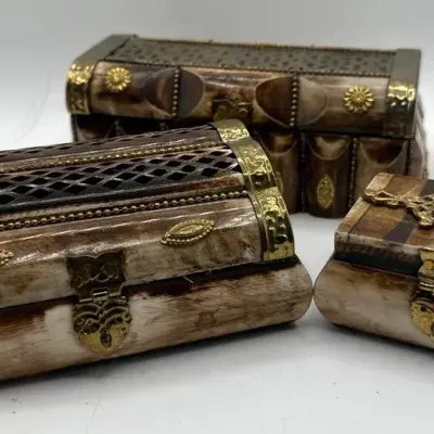 Vintage Camel Bone And Brass Trinket Box Trio