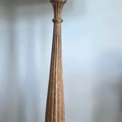 19th Century Style Carved Wooden Floor Lamp With Linen Shade