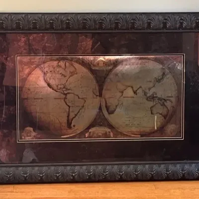 Framed Double-Hemisphere Gold Foul World Map