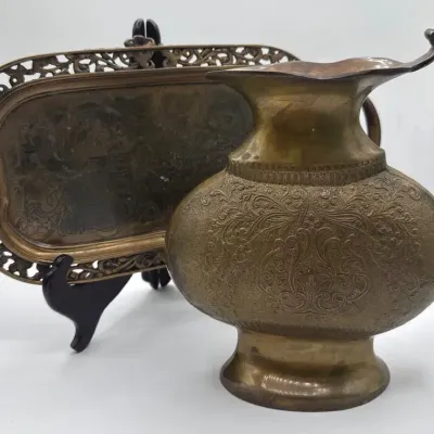 Vintage Castilian Imports Footed Brass Tray With Vtg Ornate Brass Ewer: 2pcs