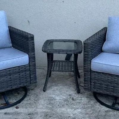 Pair Of Ovios Outdoor Swivel Rockers & Side Table