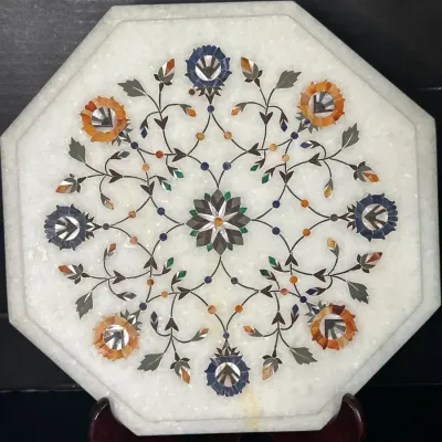 Marble Teapot Stand With Inlaid Pearl And Gemstones