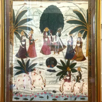 Large Framed Vintage Hindu Hand Painted Silk 
