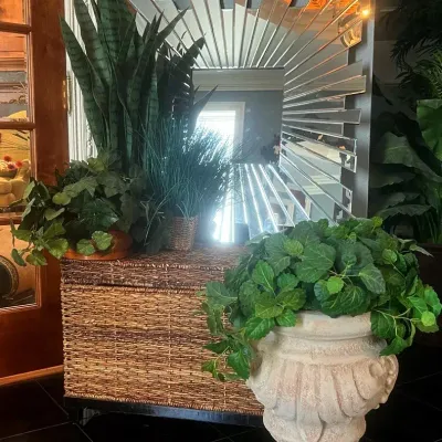 Living Space Decor: Faux Plants, Ornate Mirror & Large Wicker Storage bin