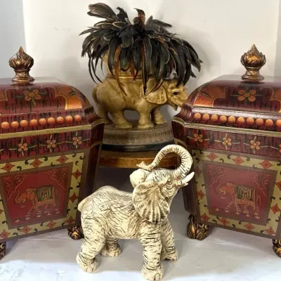 Vintage Elephant Sculpture With Natural Feathers And More: 4pcs