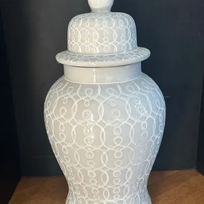 Large White/Light Gray Ceramic Temple/Ginger Jar