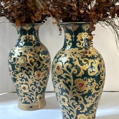 Antique Style Green/Gold Porcelain Vase Pair With Intricate Foliage Scrollwork