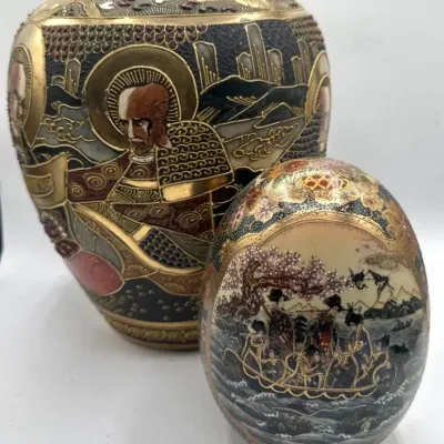 Vintage Japanese Satsuma Earthenware Vase And Porcelain Egg Pair