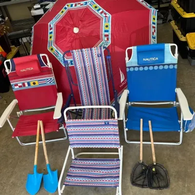 Nautica Beach Chair Pair And Umbrella With More: 9pcs
