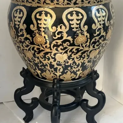 Antique Style Chinese Gold/Black Fish Bowl With Stand 