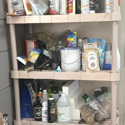 Rubbermaid Plastic Shelving Unit With Mystery Supplies, Lot A ***Must Take All Items***