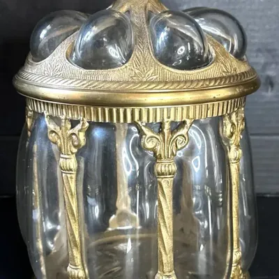 Vintage Baroque Style Ornate Brass Jar With Handblown Bubble Glass