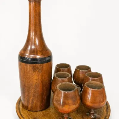 Wood Bottle With Six Matching Goblets on Tray
