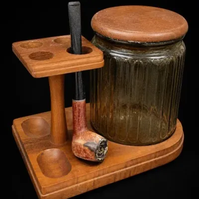 Wood Pipe Stand With Tobacco Jar and Pipe