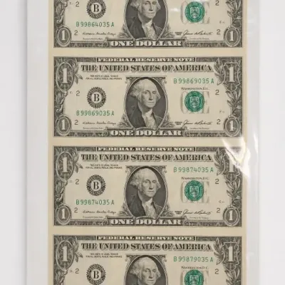 Uncut Sheet of Four One Dollar Bills