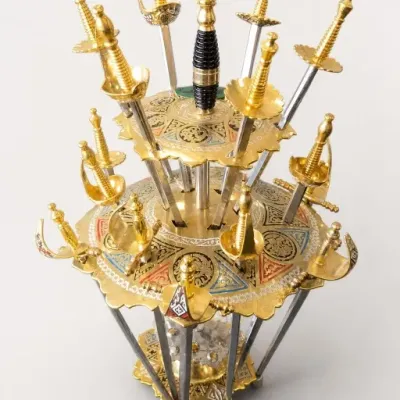 Decorative Gold-Tone Miniature Sword Set With Stand