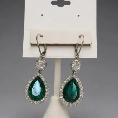 Pair of Silver-Tone Drop Earrings With Green and Clear Stones