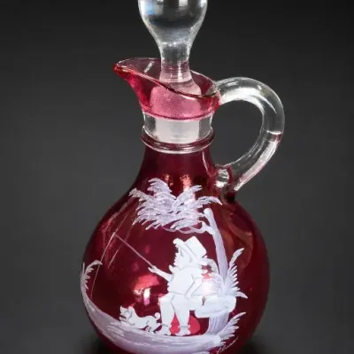Red and Clear Glass Decanter With Painted Scene
