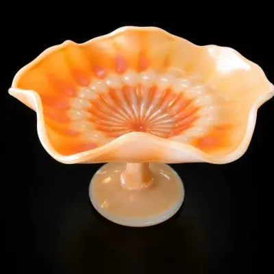 Ruffled Peach Iridescent Glass Compote