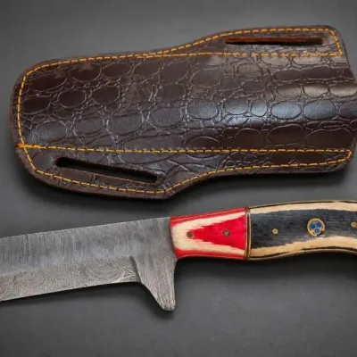 Fixed-Blade Knife With Multicolor Handle and Tooled Leather Sheath