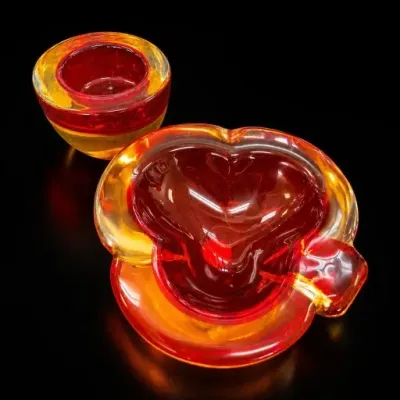Red and Amber Glass Ashtray and Bowl