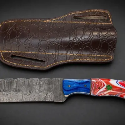 Patterned Steel Knife With Multicolor Handle and Leather Sheath