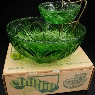 Green Pressed Glass Chip and Dip Bowl Set With Box