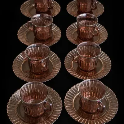 Set Of Eight Pink Glass Cups And Saucers