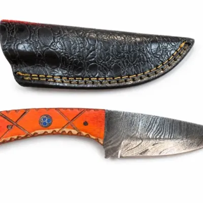 Patterned Blade Knife With Orange Handle and Black Sheath