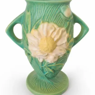 Green and Yellow Floral Ceramic Vase With Handles