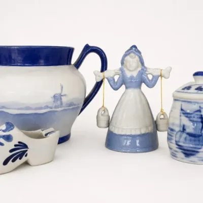 Blue and White Dutch Ceramic Figurines and Pottery Group