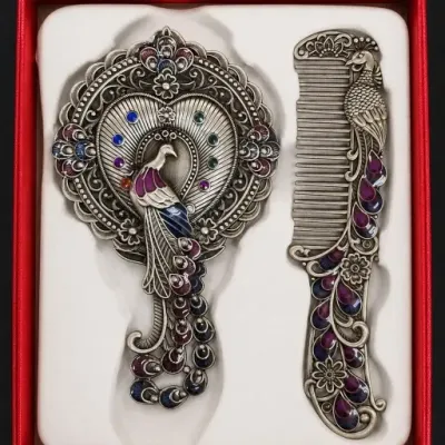Peacock Motif Metal Hand Mirror and Comb Set