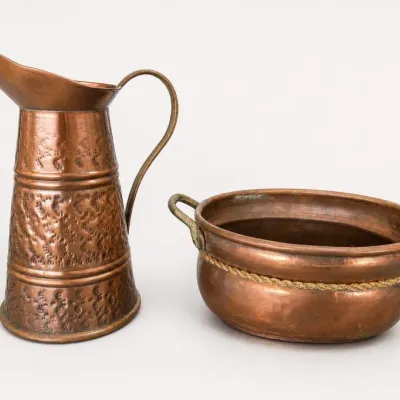 Embossed Copper Pitcher and Handled Copper Bowl