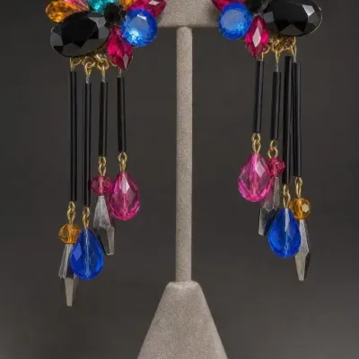 Colorful Glass and Metal Dangle Earrings Pair
