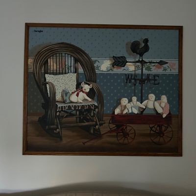 Huntington Folk Art Oil Painting of Pig in Rocking Chair
