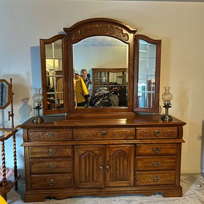 Vintage Cochrane Furniture Oak Dresser with Triptych Mirror