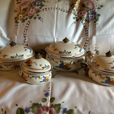 Vintage Asta Enamelware FloralCookware Set with Brass Accents