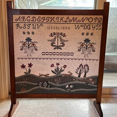 Reproduction Antique Sampler Mounted in Wooden Fire Screen